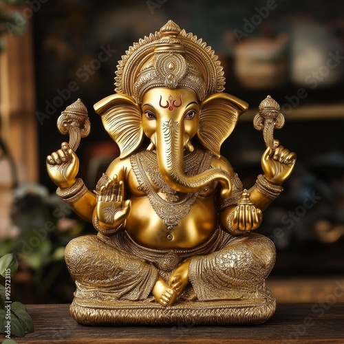 The golden Ganesha statue is shimmering with the surrounding supernatural light. The background is filled with soft, glowing light, creating a magical and divine aura.