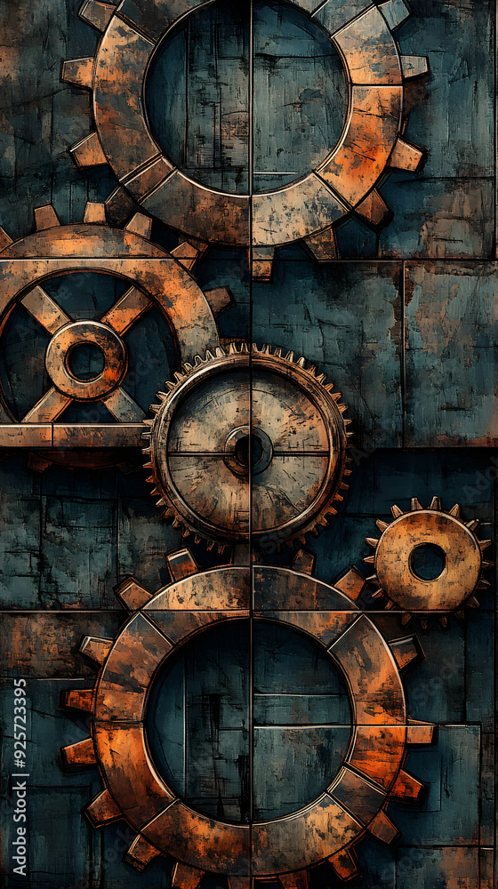 An abstract watercolor image of interlocking gears symbolizing justice and equality, conveying the idea of a well-functioning system, the mood is industrious and cooperative
