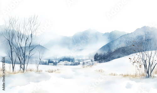 Serene Winter Landscape in Watercolor Style with Vast White Space, Ideal for Design Material. Minimalistic depiction of nature’s beauty in cold season, 