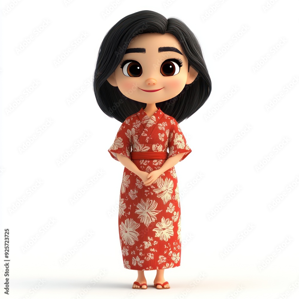 A cheerful animated character in a red floral kimono, standing with a friendly demeanor. A cheerful animated character in a red floral kimono, standing with a friendly demeanor.