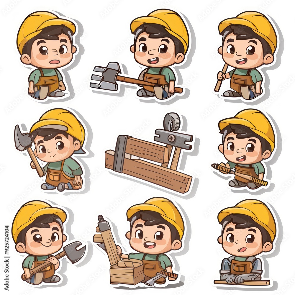 A collection of cute cartoon characters depicting a young worker with tools and equipment. A collection of cute cartoon characters depicting a young worker with tools and equipment.