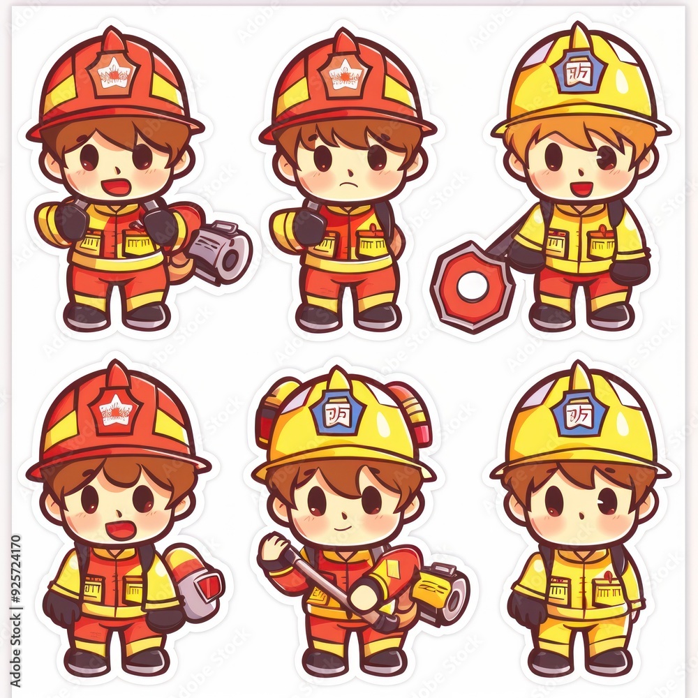 A collection of cute cartoon firefighters in various poses and expressions. A collection of cute cartoon firefighters in various poses and expressions.