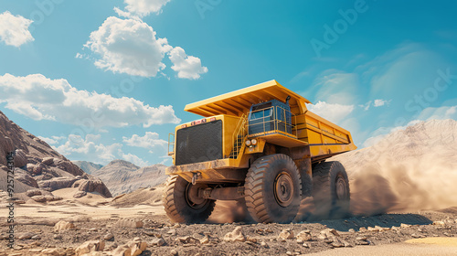 Yellow mining truck on an open desert.
