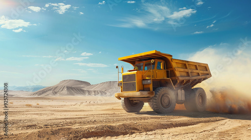 Yellow mining truck on an open desert.