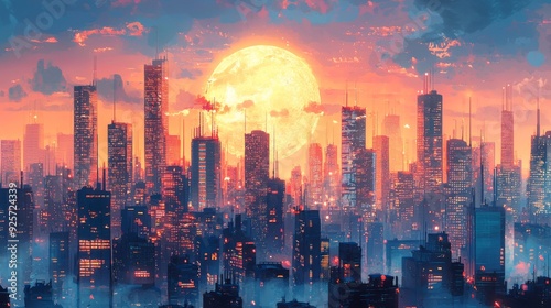 Neon Metropolis Sunset: A futuristic cityscape ablaze in the fiery glow of a colossal, mesmerizing moon. 