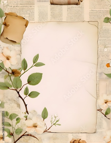 Vintage Scrapbook Torn Paper, decorated with retro flower and ripped newspaper in background, in Old and antique style