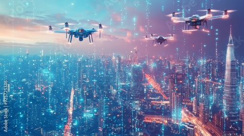 Drones Over Metropolis: The futuristic cityscape shimmers with data streams as drones navigate the urban labyrinth, a mesmerizing vision of technological advancement and connectivity.