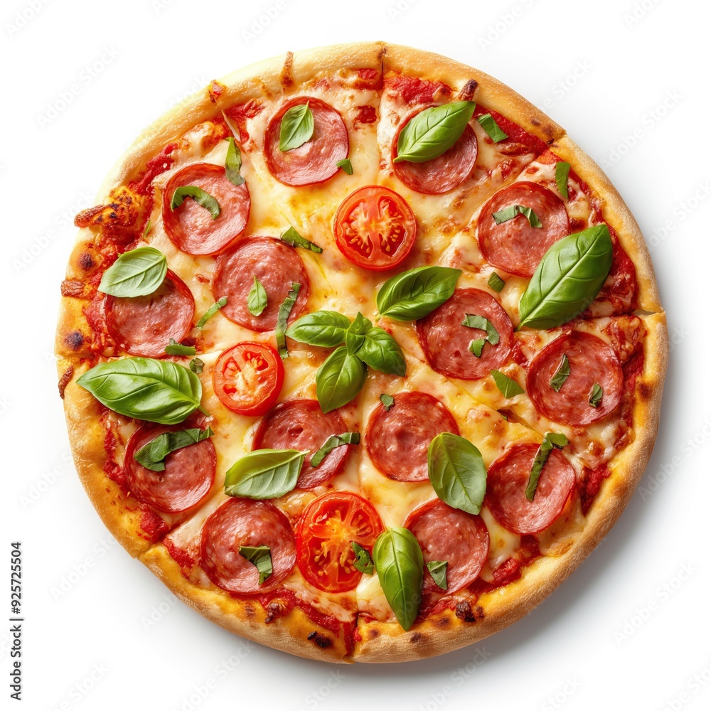 Pizza with salami, tomatoes and basil isolated on white background Pizza with salami, tomatoes and basil isolated on white background