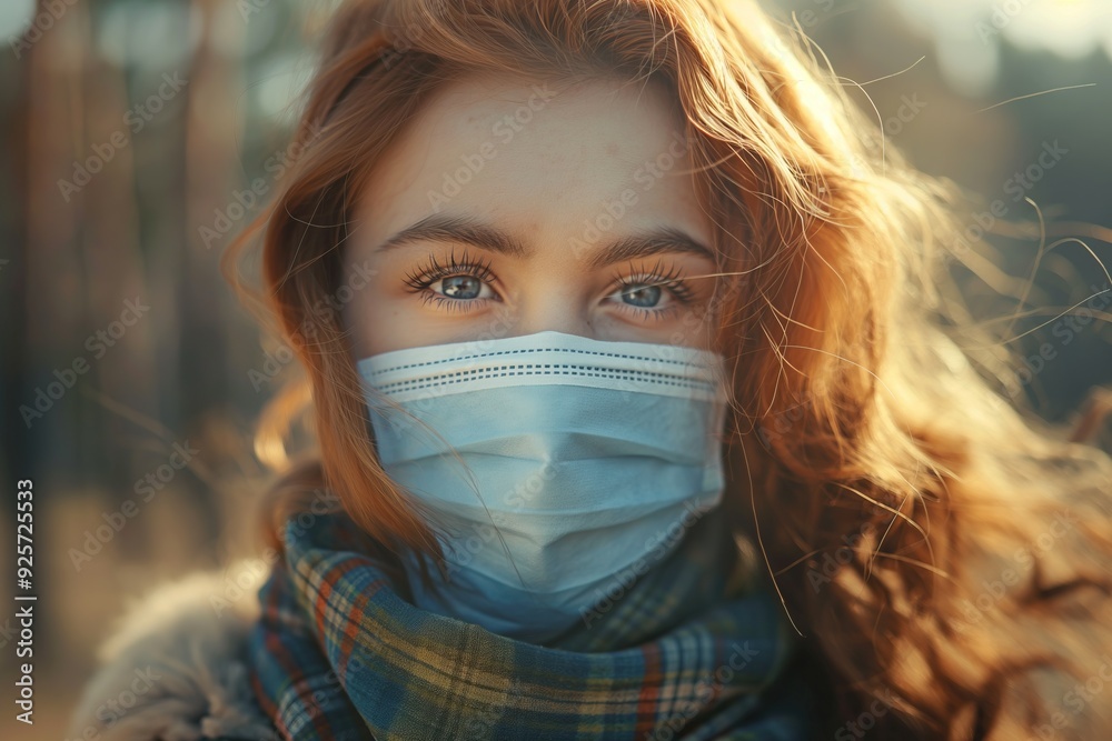 Portrait of a young woman in a medical mask on the street. Portrait of a young woman in a medical mask on the street.
