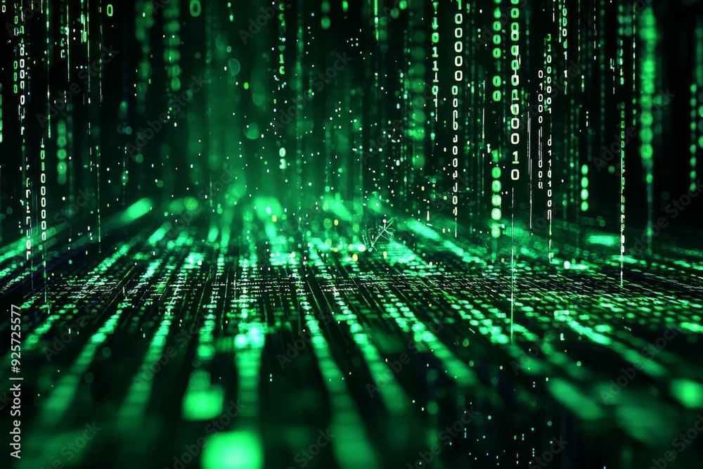 Green Dark Binary Code with Data Streaming Background created with Generative AI Green Dark Binary Code with Data Streaming Background created with Generative AI
