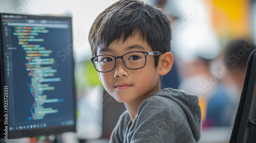 Boy at a coding event AI code assistants help error-check existing code and generate new code from text prompts photo