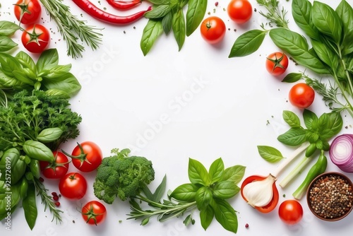 Fresh Vegetables and Herbs Forming a Border on White Background