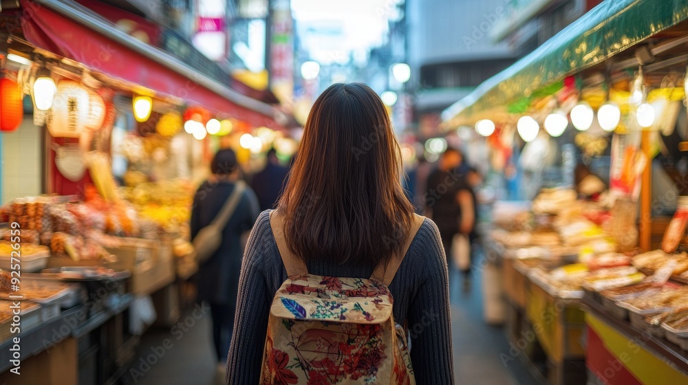 Close-up of a woman walking in a vibrant Japanese street food market, with colorful food stalls and bustling stalls in the background. Close-up of a woman walking in a vibrant Japanese street food market, with colorful food stalls and bustling stalls in the background.