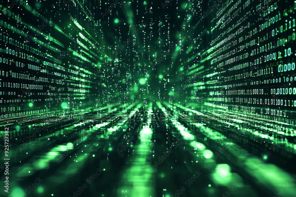 Green Dark Binary Code with Data Streaming Background created with Generative AI Green Dark Binary Code with Data Streaming Background created with Generative AI