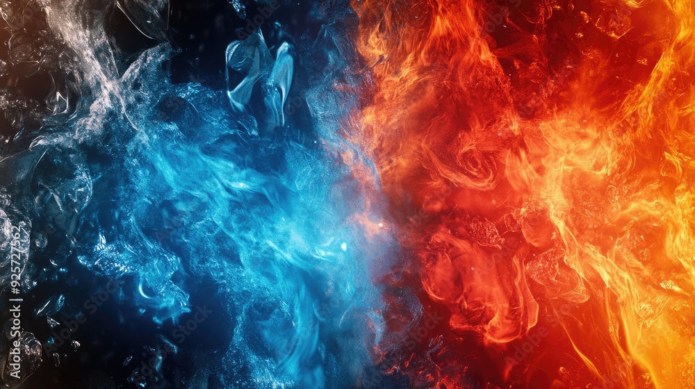 Obraz premium Contrasting fire and ice: Fire and ice come together in a stunning abstract composition, mixing vibrant colors and elements, with a designated area for text.