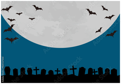 ハロウィンフレームの月にコウモリ背景4青