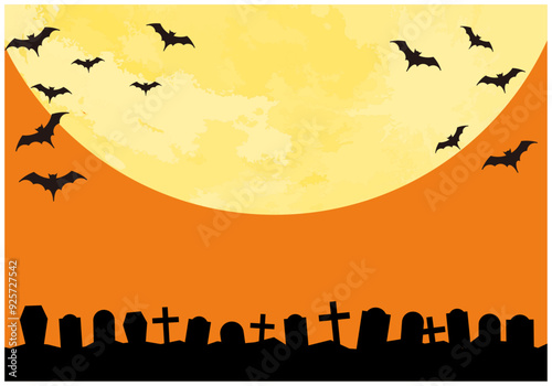 ハロウィンフレームの月にコウモリ背景4橙