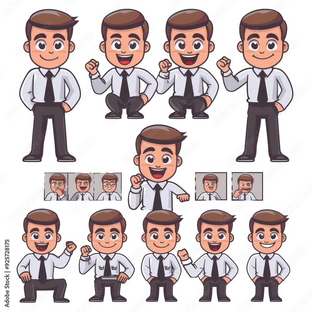 A collection of cartoon businessman characters displaying various expressions and poses. A collection of cartoon businessman characters displaying various expressions and poses.
