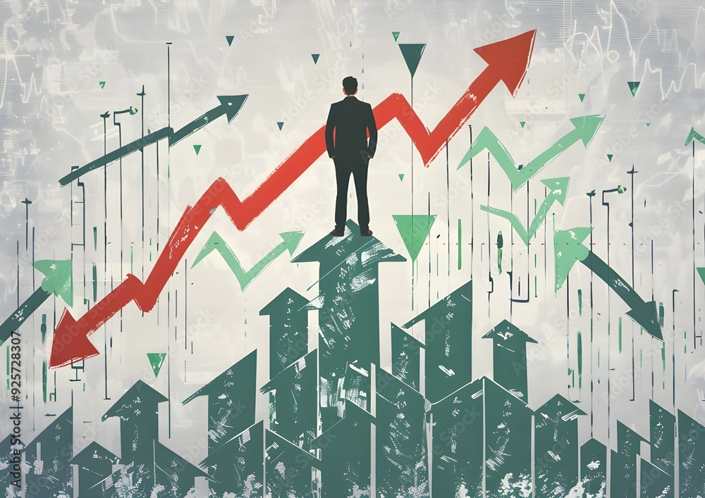 A businessman standing on top of an upward trending graph with a red arrow, looking down at falling green arrows below him.
A businessman standing on top of an upward trending graph with a red arrow, looking down at falling green arrows below him.