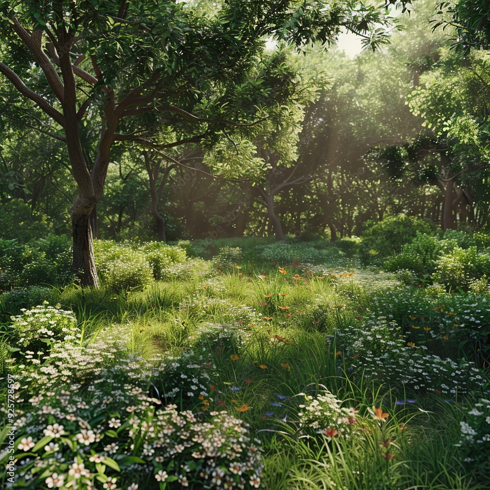 Lush Greenery and Wildflowers in a Sunlit Forest Clearing Lush Greenery and Wildflowers in a Sunlit Forest Clearing