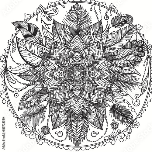 A large, detailed mandala with dreamlike patterns, featuring stars vector