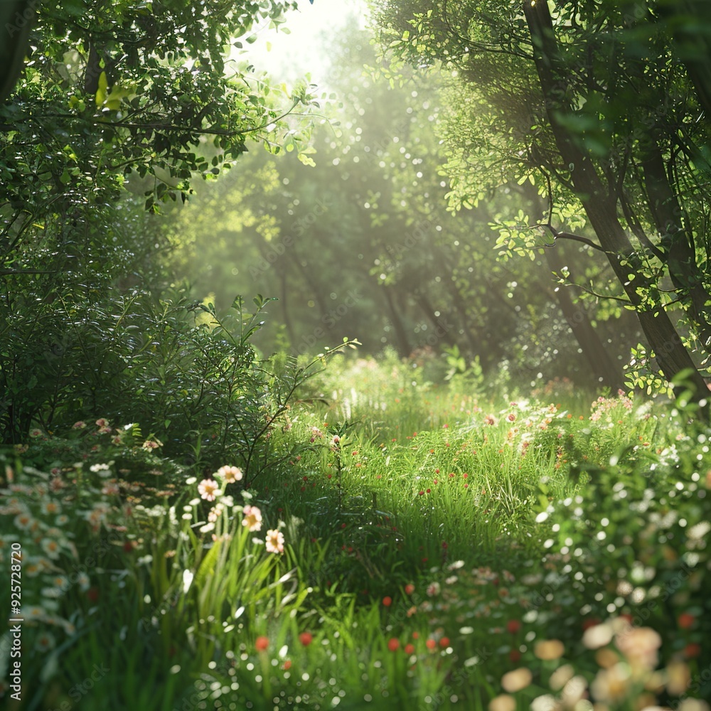 Obraz premium Lush Greenery and Wildflowers in a Sunlit Forest Clearing