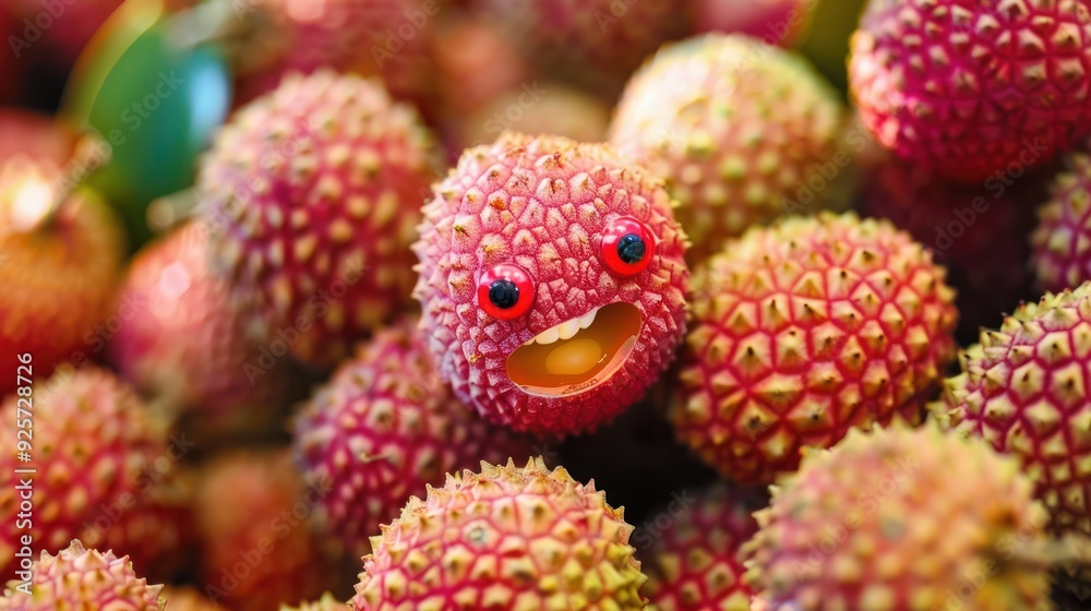 A playful character among vibrant lychee fruits, creating a whimsical and fun atmosphere.