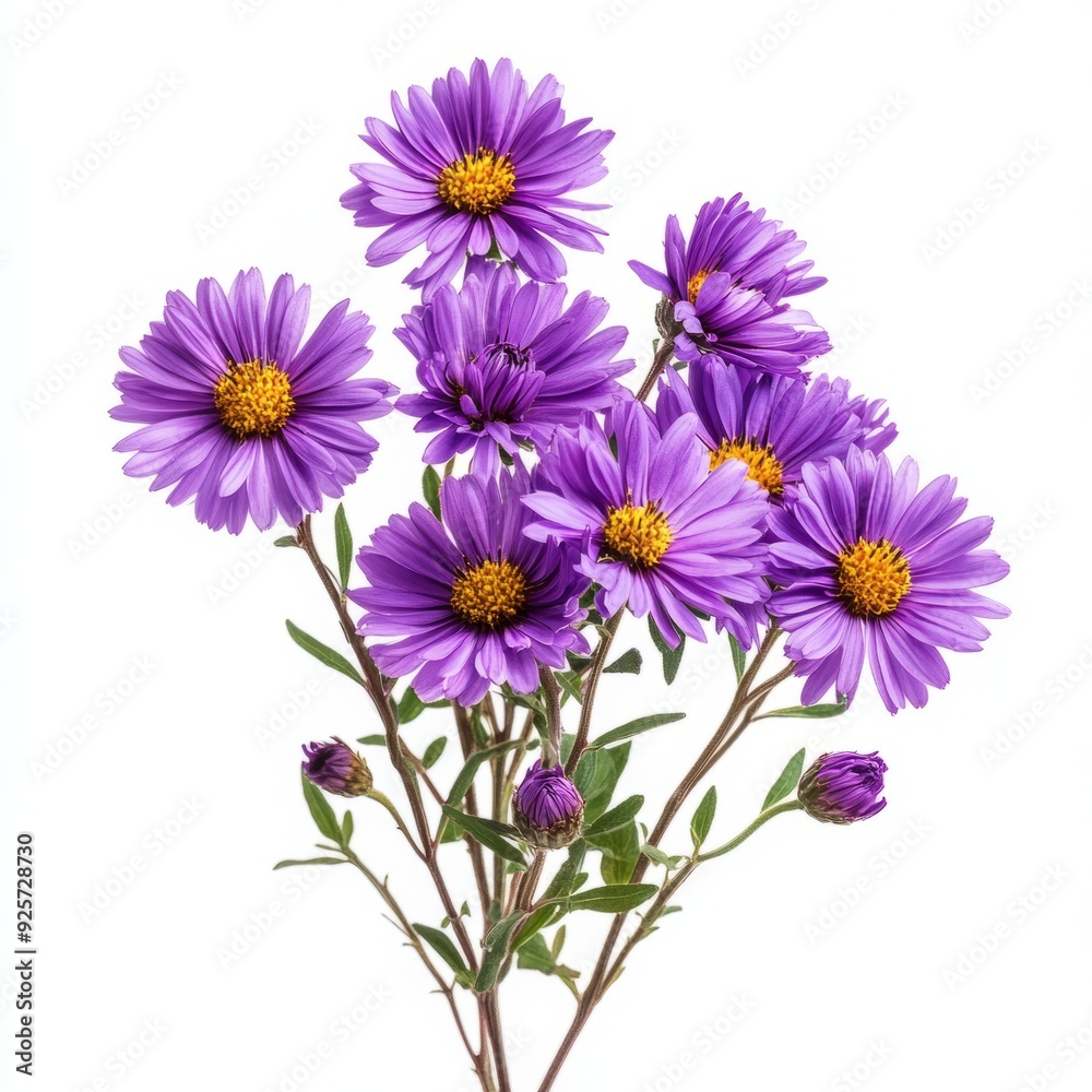 Close up of rurple aster flowers on an isolated white background Close up of rurple aster flowers on an isolated white background