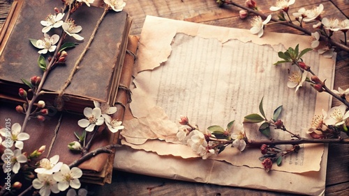 Vintage Scrapbook Torn Paper, decorated with retro flower and ripped newspaper in background, in Old and antique style