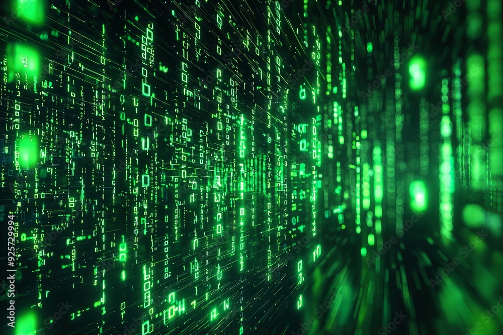 Green Dark Binary Code with Data Streaming Background created with Generative AI Green Dark Binary Code with Data Streaming Background created with Generative AI