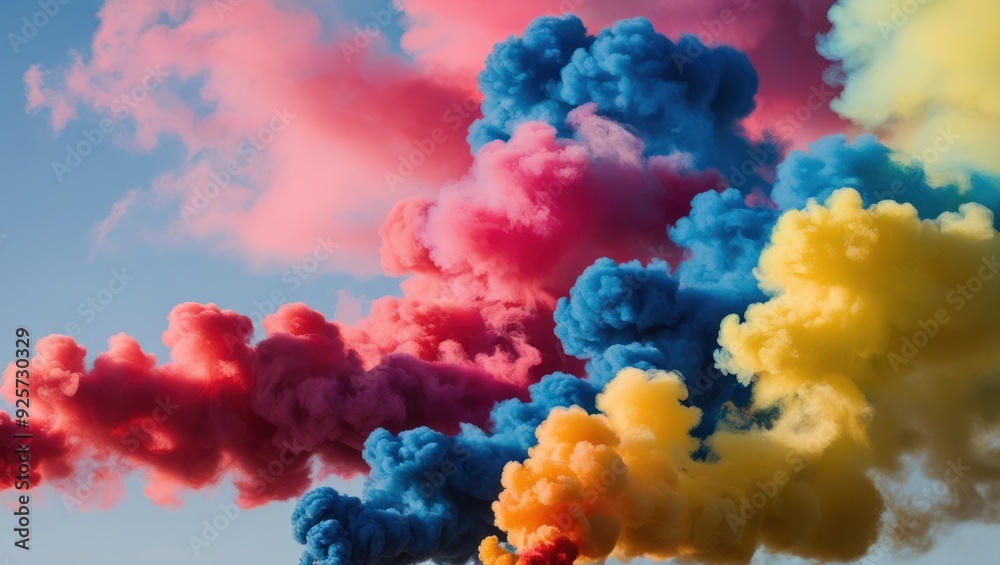 Fototapeta premium Vibrant clouds of pink, blue, and yellow fill the sky, creating an artistic and surreal atmosphere, perfect for creative inspiration and festival themes