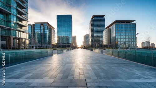 Modern city skyline with glass buildings reflecting sunset creating a vibrant urban atmosphere, ideal for business development or lifestyle concepts