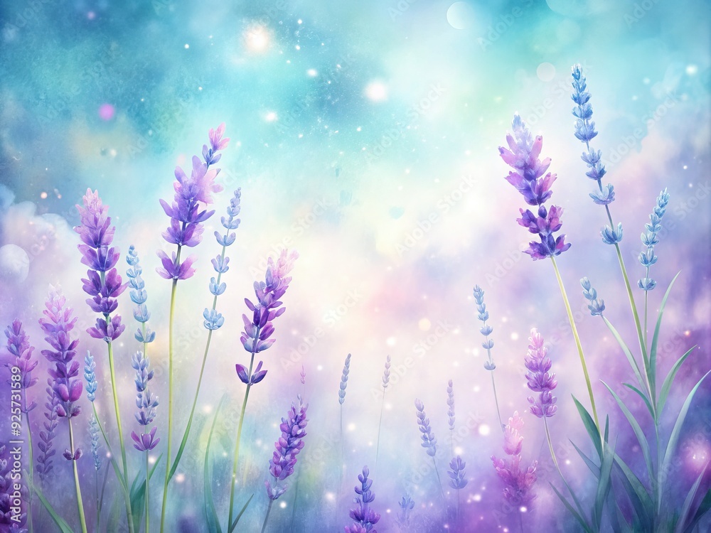 Naklejka premium Soft, whimsical watercolor background featuring delicate, dreamy lavender hues and subtle texture, evoking a sense of serenity and relaxation in a gentle, ethereal atmosphere.