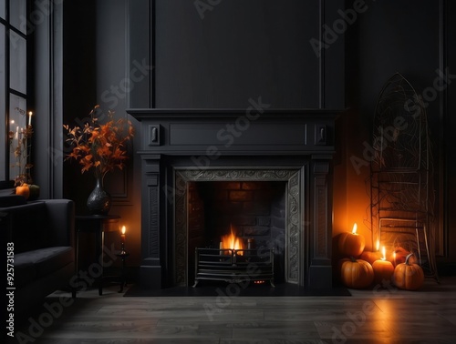 Cozy Fireplace with Pumpkins and Candles in a Dark Room