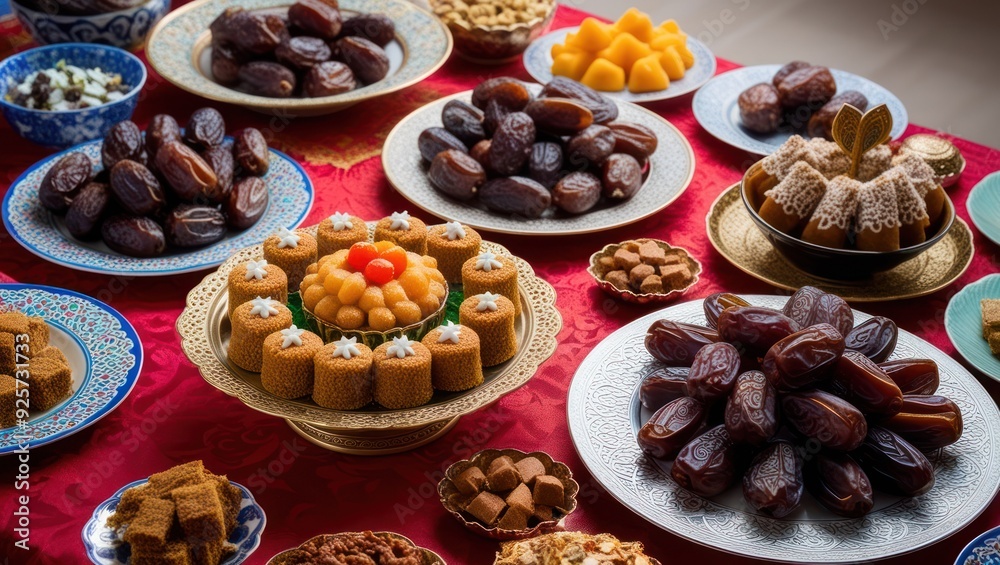 A vibrant spread of traditional sweets and desserts, featuring dates and confections, perfect for festive occasions like Ramadan or Eid celebrations A vibrant spread of traditional sweets and desserts, featuring dates and confections, perfect for festive occasions like Ramadan or Eid celebrations