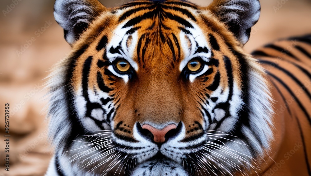 Vibrant close up of a tiger showcasing its striking features and intense gaze, symbolizing strength, beauty, and the need for wildlife conservation