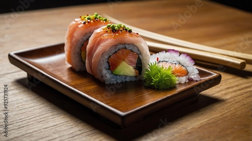 stock photography kanpachi amberjack handformed sushi served aesthetically in a wooden plate and table