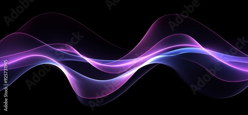 Dynamic blue and purple particle wave on dark blue abstract background. Abstract sound visualization. Digital structure of the wave flow of luminous particles.