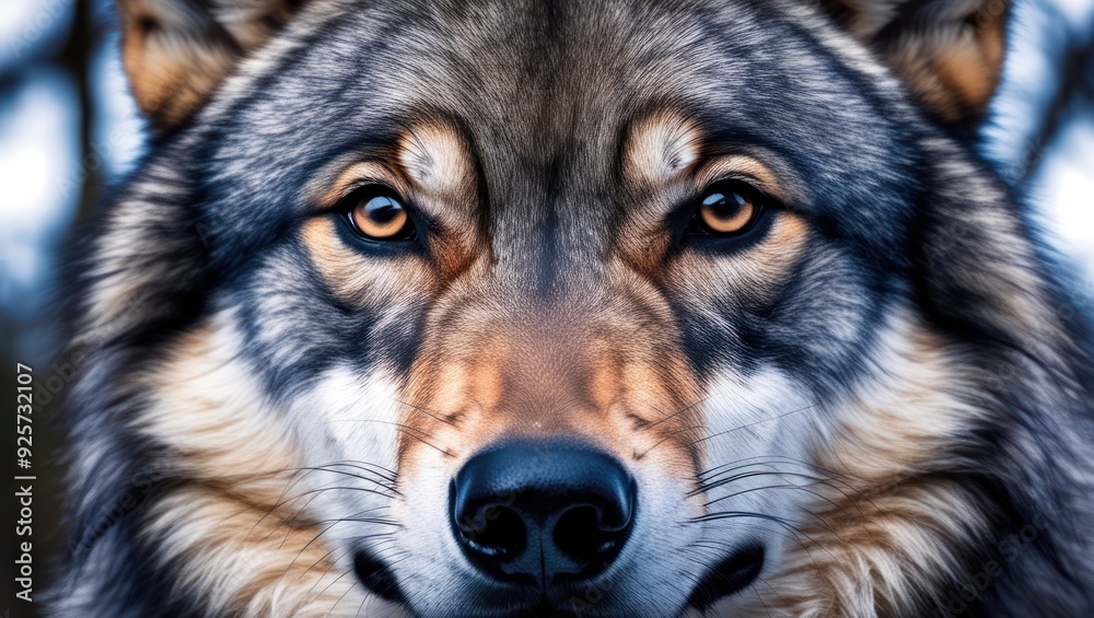 Striking close up of a majestic wolf, highlighting fierce expression and rich fur Conveys beauty and strength of wildlife in natural habitat Striking close up of a majestic wolf, highlighting fierce expression and rich fur Conveys beauty and strength of wildlife in natural habitat