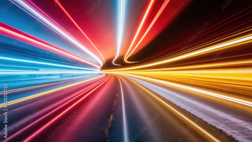 Dynamic light trails on a wet road create an abstract and vibrant scene, capturing the essence of speed and modern urban life Dynamic light trails on a wet road create an abstract and vibrant scene, capturing the essence of speed and modern urban life