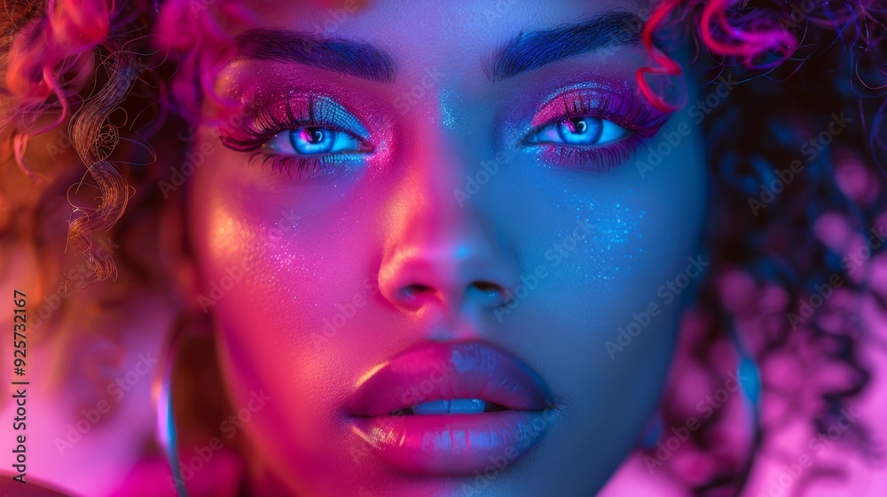 Close up beauty portrait of woman with makeup and hairstyle, over neon studio light background. Close up beauty portrait of woman with makeup and hairstyle, over neon studio light background.