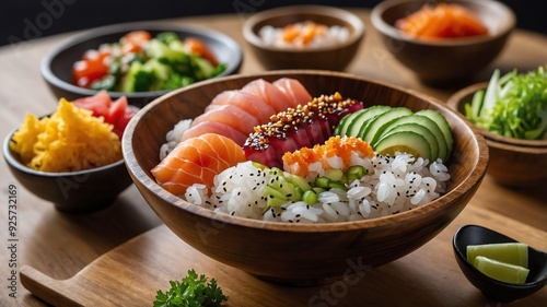 stock photography poke sushi bowl served aesthetically in a wooden plate and table