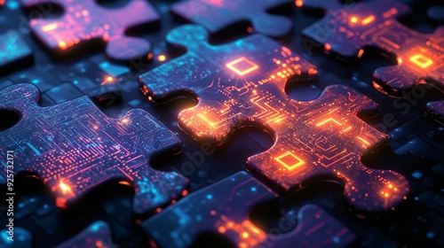 API puzzle pieces An artistic representation of API integration using puzzle pieces that glow with embedded circuit board patterns