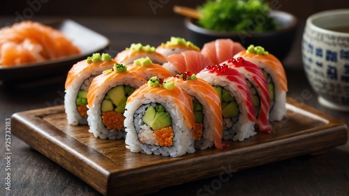 stock photography philadelphia roll sushi served aesthetically in a wooden plate and table