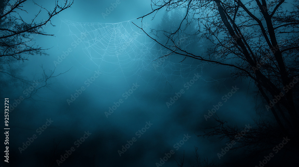 Foggy horror midnight view of blank spooky dark blue sky with spider web or cobweb Foggy horror midnight view of blank spooky dark blue sky with spider web or cobweb