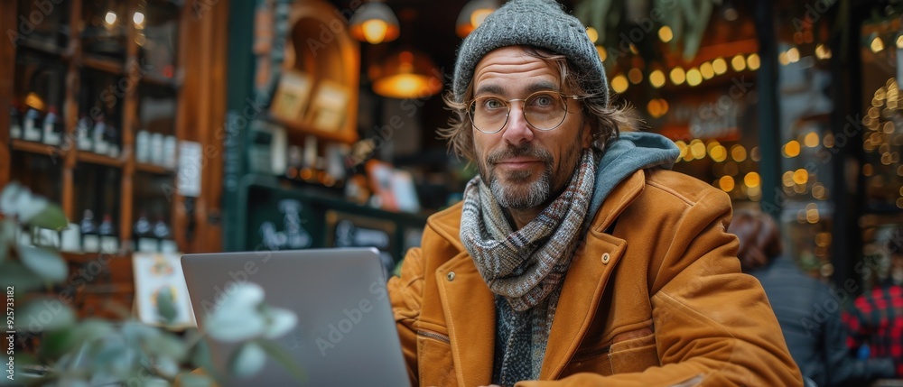 Freelancer working on a laptop in a cozy cafe, balancing productivity and leisure. Freelancer working on a laptop in a cozy cafe, balancing productivity and leisure.