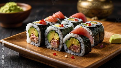 stock photography tuna avocado roll sushi served aesthetically in a wooden plate and table