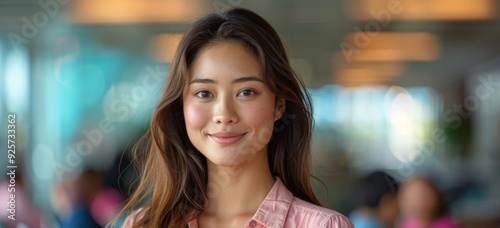 Happy woman smiling at camera while team working in background during meeting, copy space 