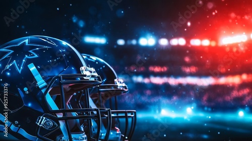 Dynamic abstract background with American football helmets and stadium lights, perfect for sports events and promotions