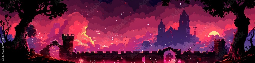 Stunning Pixel Art of a Medieval Fantasy Landscape with Castle at Dusk, Illuminated Sky, and Serene Silhouette Reflections Stunning Pixel Art of a Medieval Fantasy Landscape with Castle at Dusk, Illuminated Sky, and Serene Silhouette Reflections